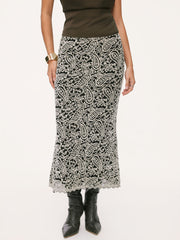Mid Rise Texture Paisley Lace Mermaid Maxi Skirt
