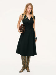 V-neck Wrap Pleated A-line Midi Dress