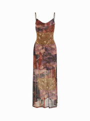 Chiffon Abstract Floral Cowl Neck Maxi Dress