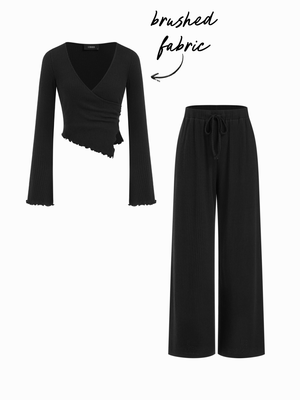 Brushed Fabric V-neck Bell Sleeve Ruched Asymmetrical Top & Straight Leg Trousers Set