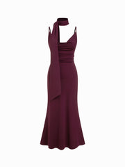 Jersey Cowl Neck Ruched Mermaid Maxi Dress With Scarf