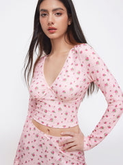 V-Neck Ditsy Floral Cropped Top & Mid Rise Straight Leg Trousers Loungewear Set