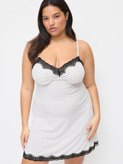 V-neck Polka Dot Lace Trim Mini Nightdress With Removable Bra Curve & Plus