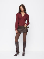 Striped Collar V-neck Long Sleeve Lace Trim Tie Back Blouse