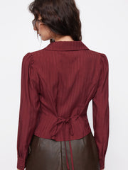 Striped Collar V-neck Long Sleeve Lace Trim Tie Back Blouse