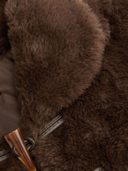 Faux Shearling Collar Deer Print Toggle Button Short Sleeve Jacket