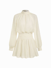 Chiffon Stand Collar Ruched Flared Mini Dress With Scarf