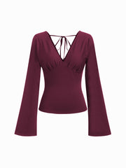 V-neck Solid Tie Back Bell Sleeve Top