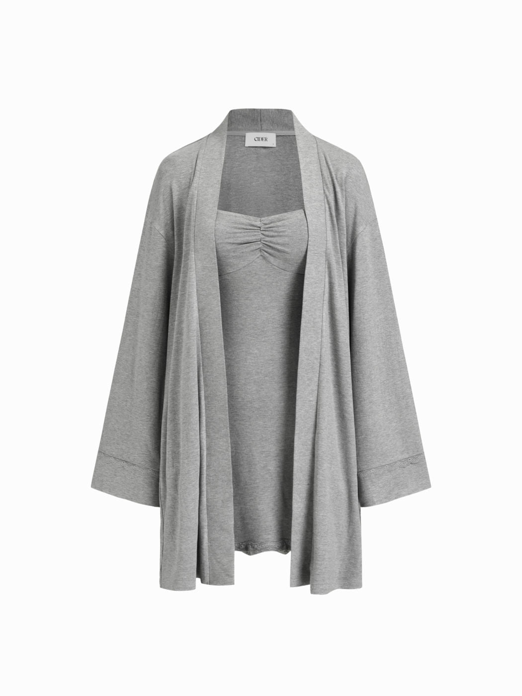 Lace Trim Robe With Belt & Square Neck Ruched Mini Nightdress Loungewear Set