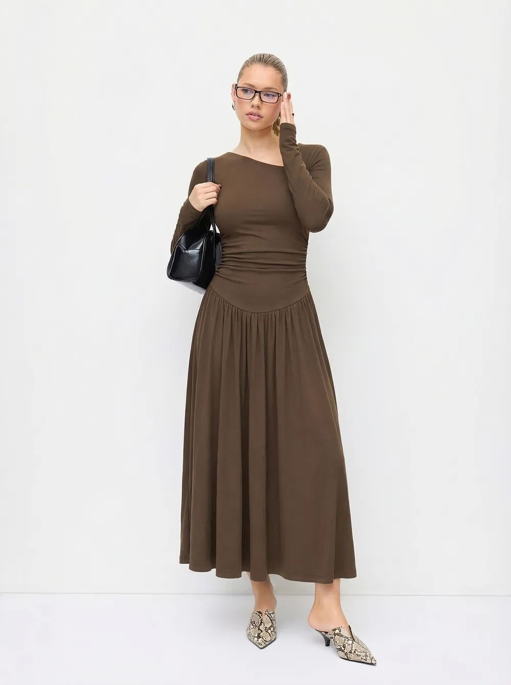 Asymmetrical Neck Long Sleeve Ruched Maxi Dress