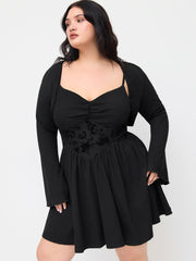 Square Neck Floral Ruched Ruffle Hem Cami Mini Dress With Shrug Curve & Plus