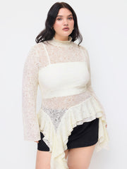 Lace Texture High Neck Pointelle Asymmetrical Ruffle Hem Top Curve & Plus