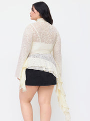 Lace Texture High Neck Pointelle Asymmetrical Ruffle Hem Top Curve & Plus