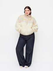 Cotton Fleece Patched Stand Collar Floral Contrasting Binding Sweatshirt Curve & Plus