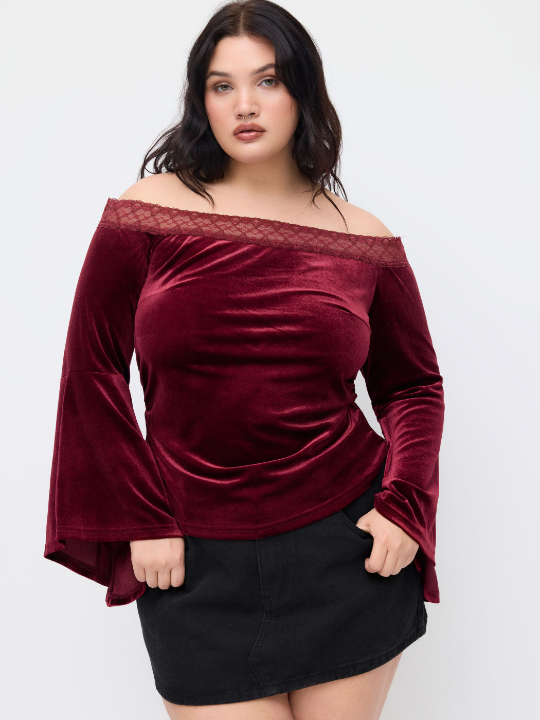 Velvet Off-shoulder Ruched Lace Bell Sleeve Top Curve & Plus