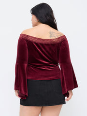 Velvet Off-shoulder Ruched Lace Bell Sleeve Top Curve & Plus