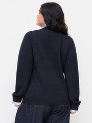 Knit Plaid Round Neck Long Sleeve Ruffle Trim Button Cardigan Curve & Plus