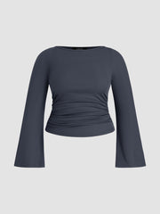 Boat Neck Solid Ruched Long Sleeve Tee Curve & Plus