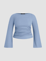 Boat Neck Solid Ruched Long Sleeve Tee Curve & Plus