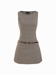Round Neck Plaid A-line Mini Dress With Belt