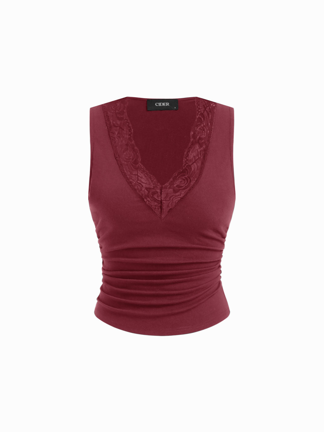 Cotton-blend V-neck Ruched Lace Trim Tank Top