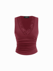 Cotton-blend V-neck Ruched Lace Trim Tank Top