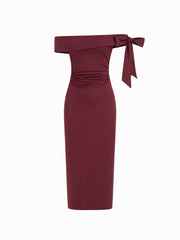 Asymmetrical Neck Mid Rise Bowknot Midi Bobycon Dress