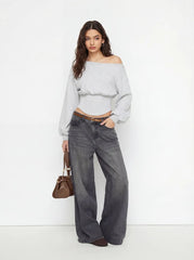 Cotton-blend Asymmetrical Neck Lace Up Lantern Sleeve Sweatshirt