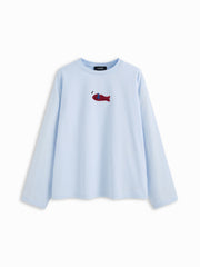 100% Cotton Fish Embroidery Round Neckline Long Sleeve Oversized Tee