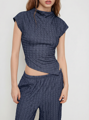 Stand Collar Asymmetrical Hem Texture Top & Mid Rise Straight Leg Trousers Set