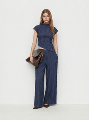Stand Collar Asymmetrical Hem Texture Top & Mid Rise Straight Leg Trousers Set