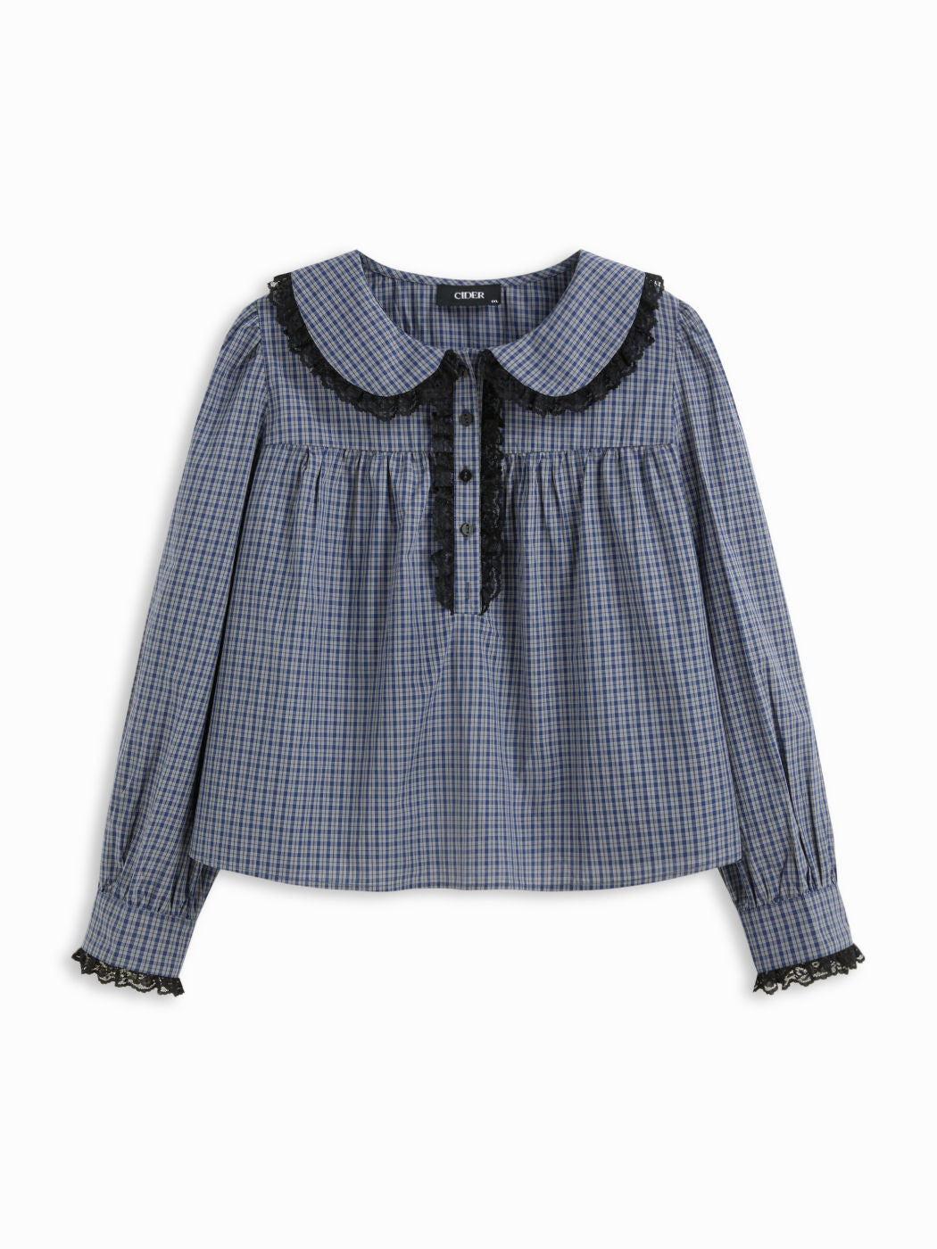 100% Cotton Gingham Peter Pan Collar Puff Sleeve Lace Panel Blouse Curve & Plus