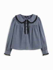 100% Cotton Gingham Peter Pan Collar Puff Sleeve Lace Panel Blouse Curve & Plus