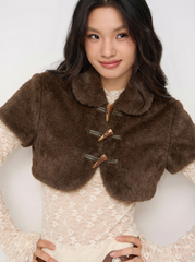Faux Shearling Collar Deer Print Toggle Button Short Sleeve Jacket