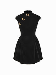 Velvet Mandarin Collar Metal Detail Mini Dress