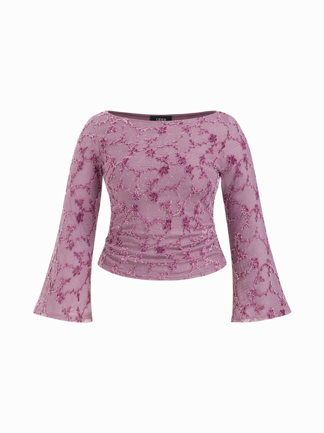 Boat Neck Applique Floral Ruched Bell Sleeve Top Curve & Plus