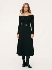 Off-Shoulder Long Sleeve Solid A-line Maxi Dress With Belt