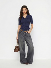 Collar Ruched Cinched Waist Mid-length Sleeve Top