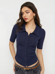 Collar Ruched Cinched Waist Mid-length Sleeve Top