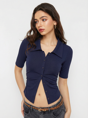 Collar Ruched Cinched Waist Mid-length Sleeve Top