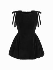 Velvet Boat Neck Bowknot Bubble Hem Mini Dress Curve & Plus