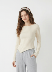 Brushed Fabric Boat Neck Long Sleeve Asymmetrical Hem Lettuce Trim Top
