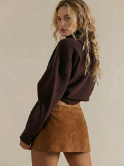 Suede Low Rise Zip Through Split Mini Skirt