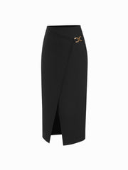 Mid Rise Asymmetrical Hem Metal Detail Split Midi Skirt