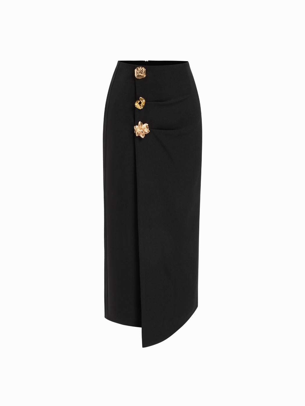 Mid Rise Asymmetrical Hem Metal Detail Midi Skirt