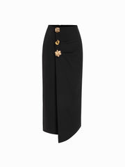 Mid Rise Asymmetrical Hem Metal Detail Midi Skirt