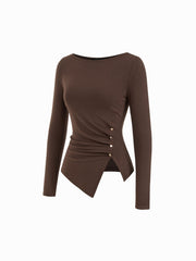 Metal Detail Asymmetrical Hem Ruched Tee