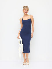 100% Cotton Textured Scoop Neck Bowknot Lettuce Hem Mermaid Midi Dress