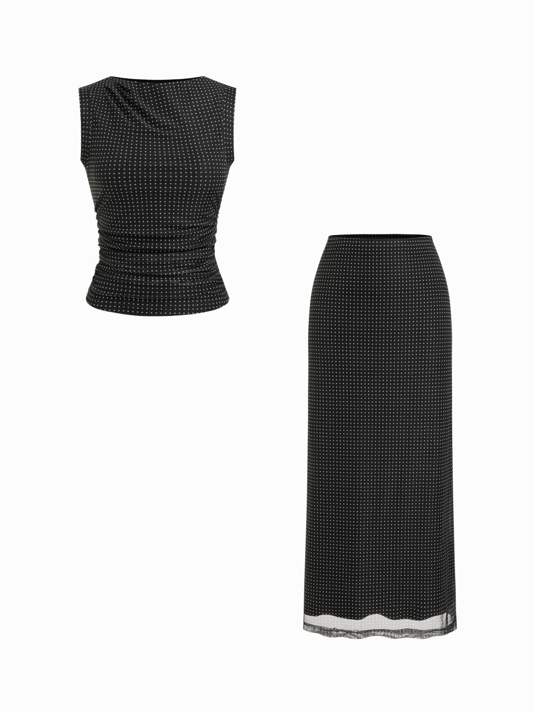 Mesh Polka Dot Ruched Top & Mid Rise Mermaid Maxi Skirt Set