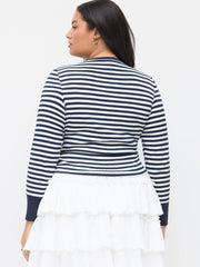 Cotton-blend V-Neck Striped Ruched Tee Curve & Plus